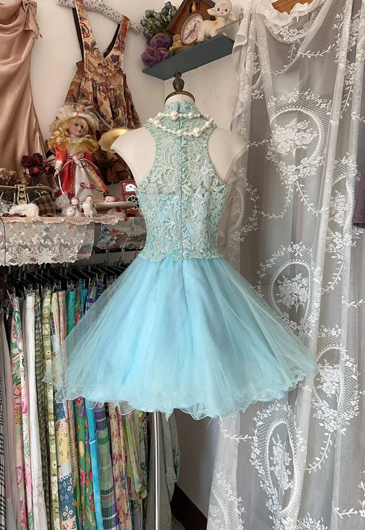 Delicate Sky Blue Lace High Neck Sleeveless Bodice Voluminous Tulle Skirt A Line Short Homecoming Dress AS2459