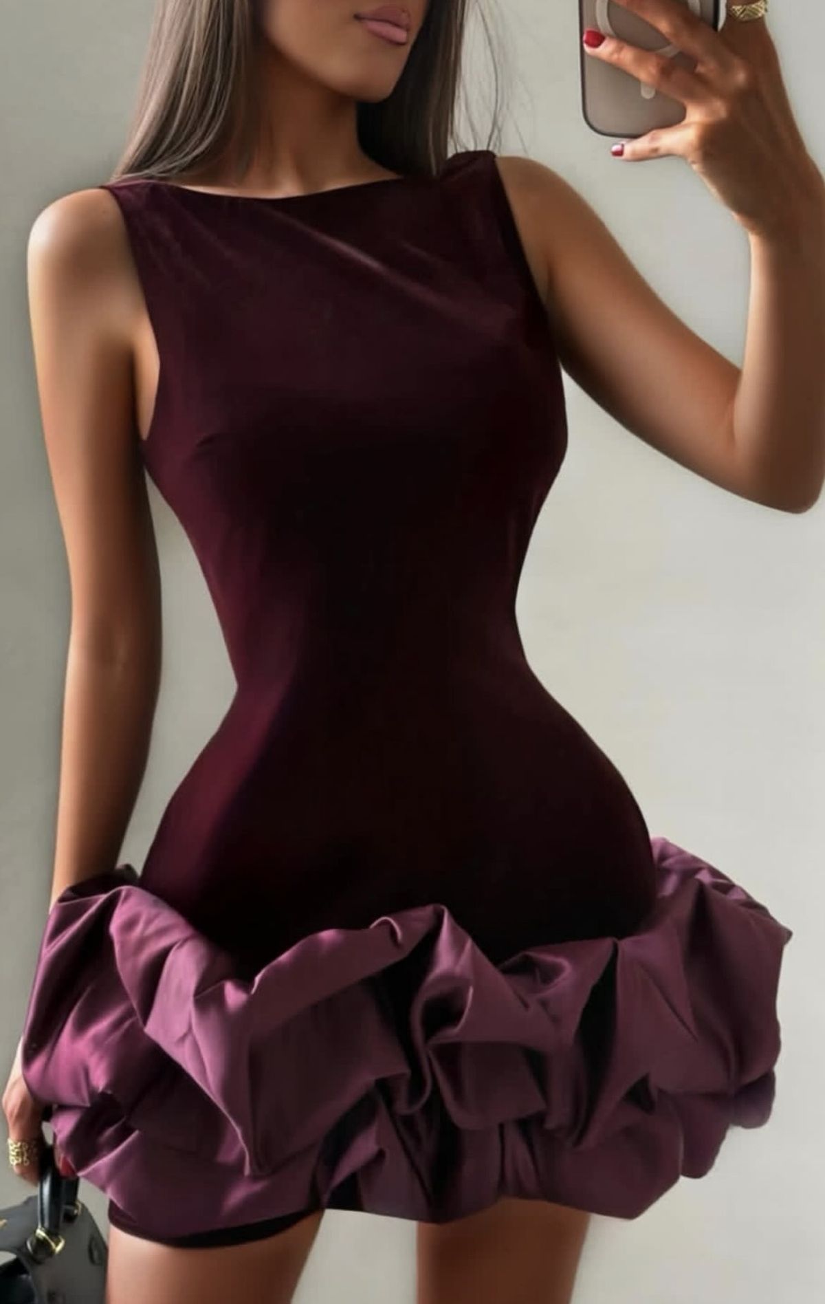 Chic Plum Sleeveless Boat Neck Bodycon Satin Ruffle Bubble Hem Short Homecoming Dress AS2516