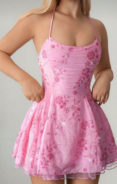 Sparkly Pink Floral Sequin Halter Scoop Neck A-Line Tulle Short Homecoming Dress AS2547