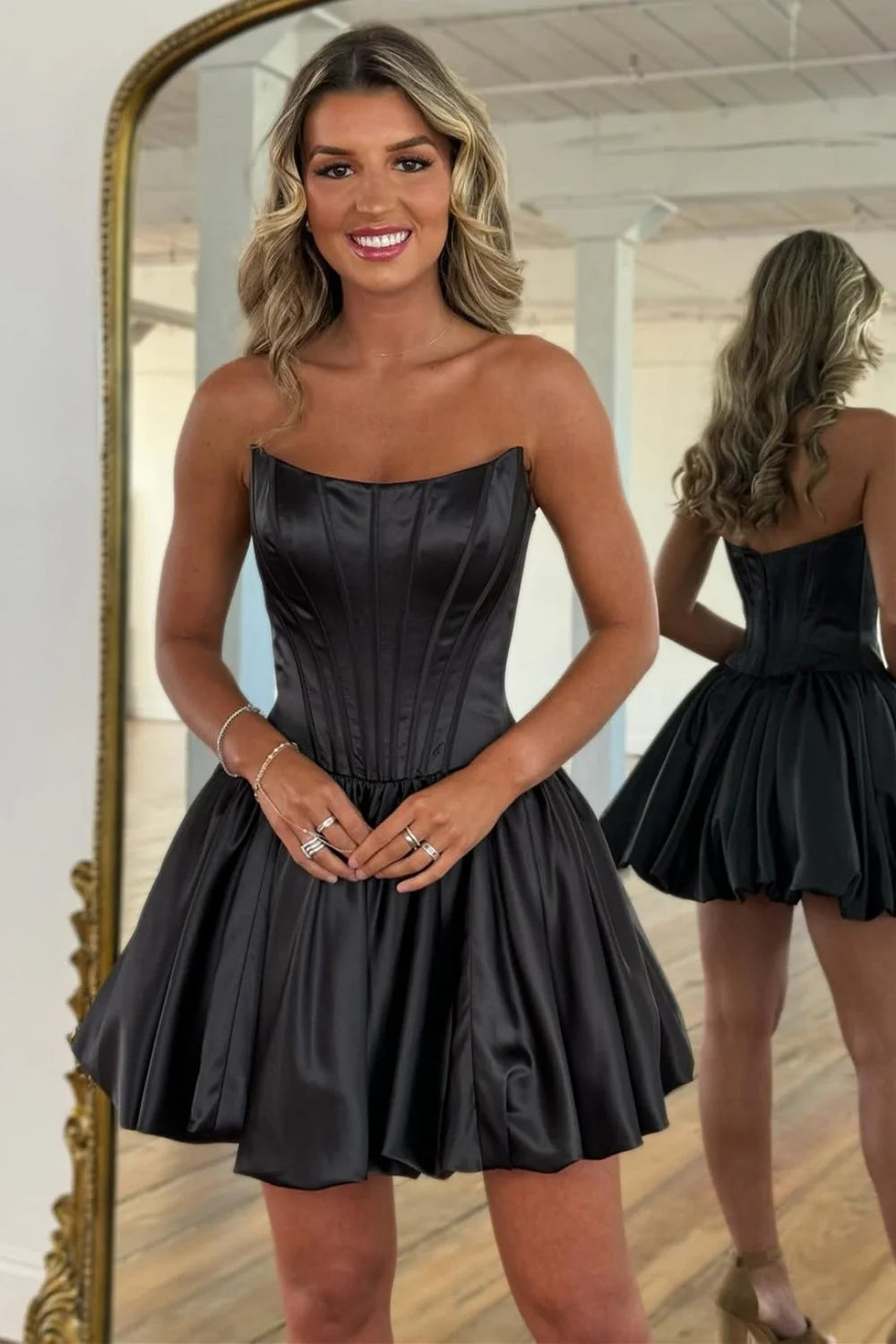Black Satin Strapless Corset Homecoming Dress With Pleated Flared Skirt AS255
