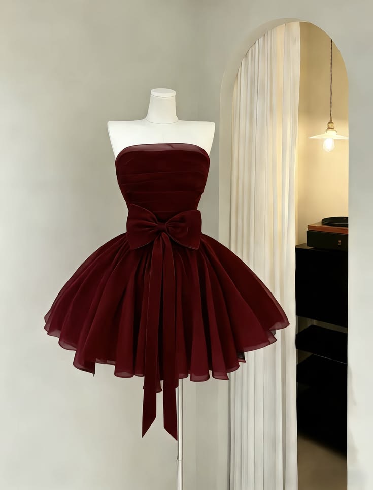 Elegant Burgundy Strapless Pleated Bodice Big Bow A-Line Short Homecoming Dress AS2554