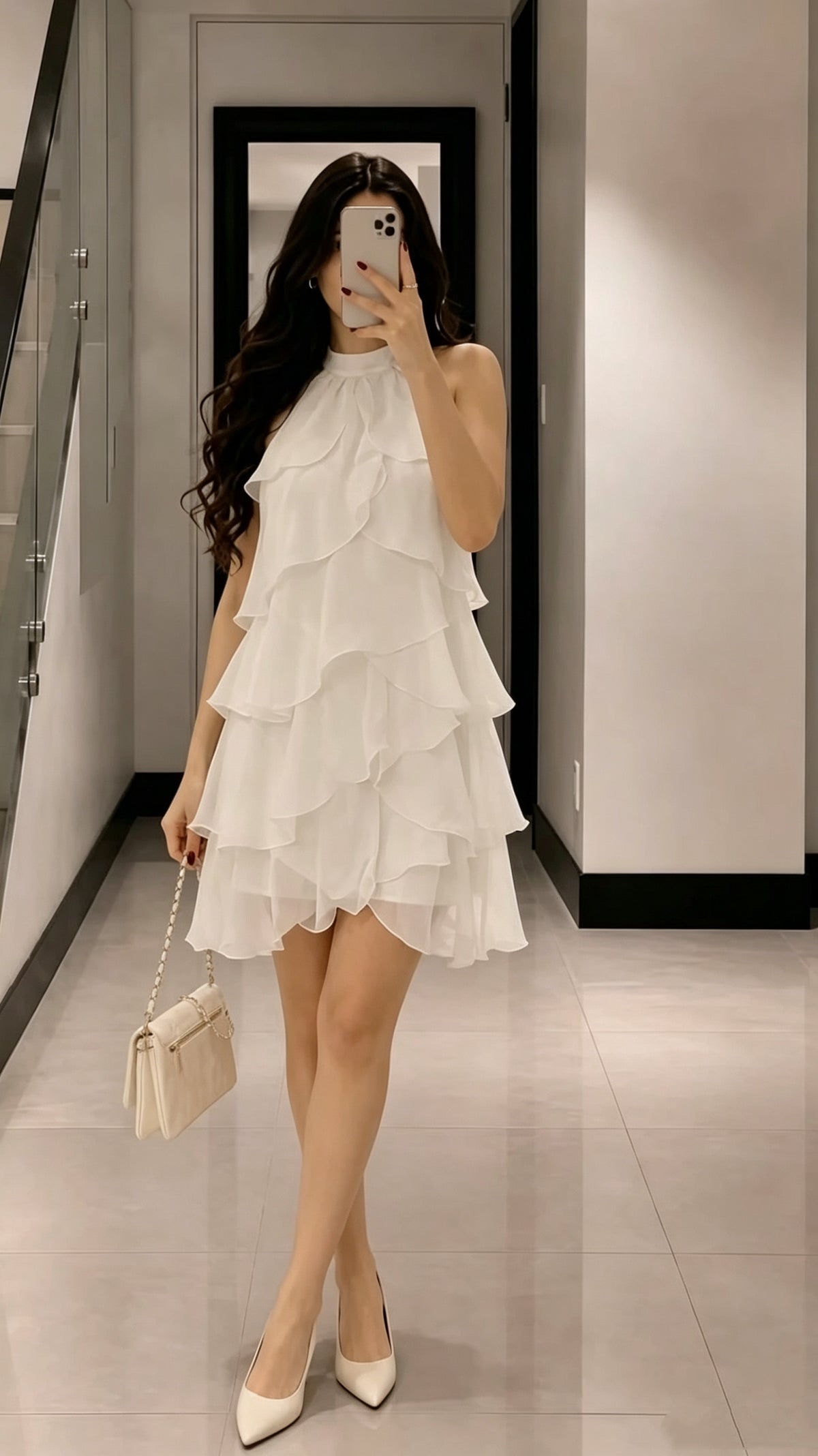 Airy White Chiffon Halter Neck Sleeveless Tiered Ruffle A Line Short Homecoming Dress AS2559