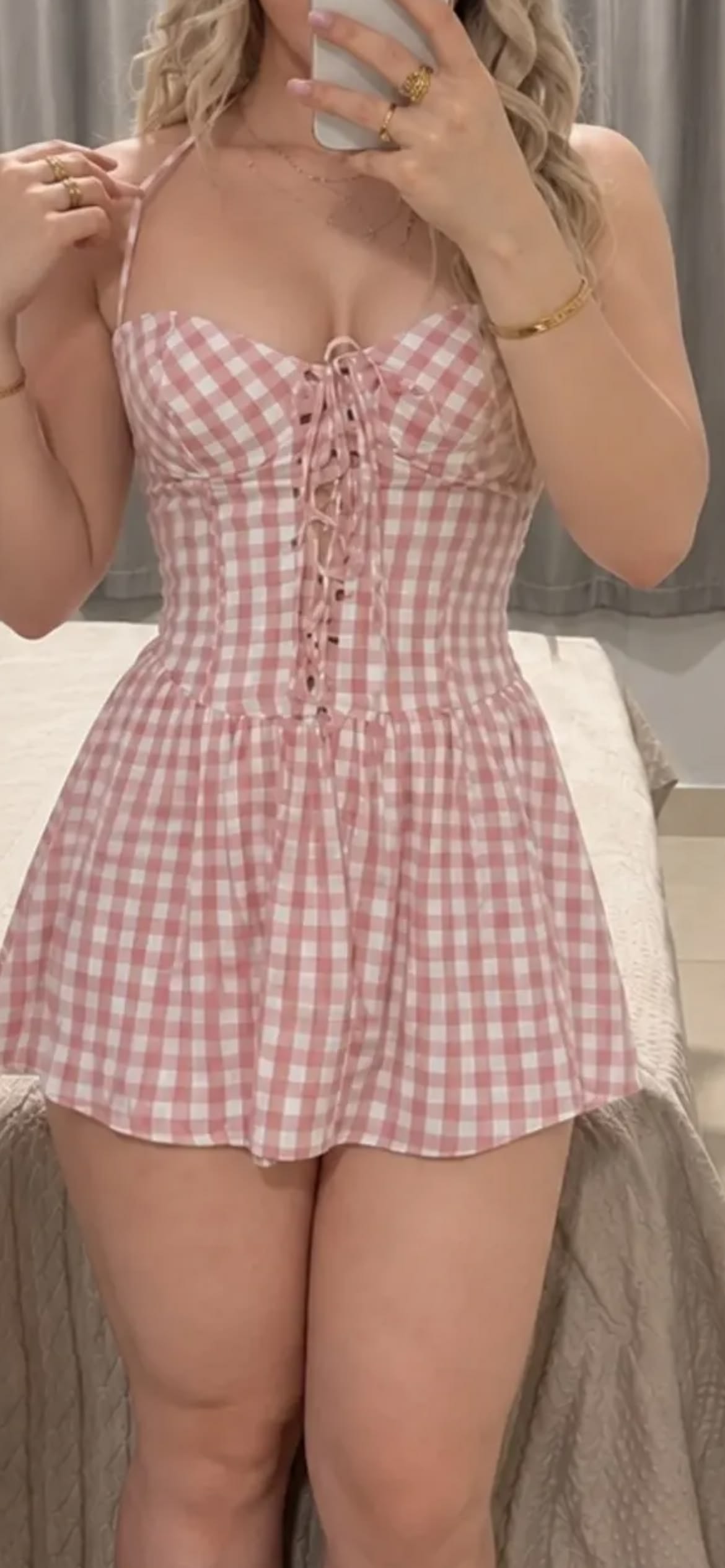 Cute Pink Gingham Halter Sweetheart Lace-Up Corset A-Line Mini Homecoming Dress AS2569