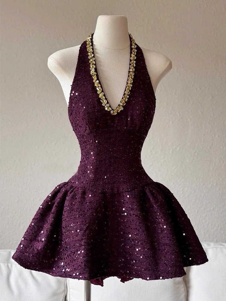 Glamorous Plum Purple Halter V-Neck Gold Rhinestone Sparkly Sequin A Line Short Homecoming Mini Dress AS2571