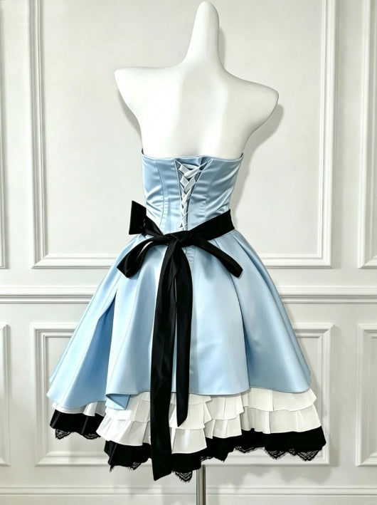 Playful Blue Strapless Satin A Line Short Homecoming Dress With Black Bow Sash Multi-Layer Ruffle Lace Hem AS2572