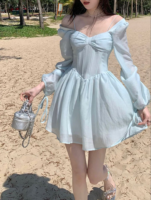 Airy Light Blue Off Shoulder Puff Long Sleeve Flowy Chiffon A Line Short Homecoming Dress AS2589