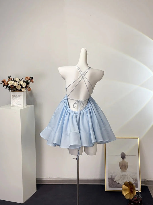 Airy Light Blue Spaghetti Straps Deep V Neck Gathered Waist Flared A-Line Short Homecoming Dress AS2597
