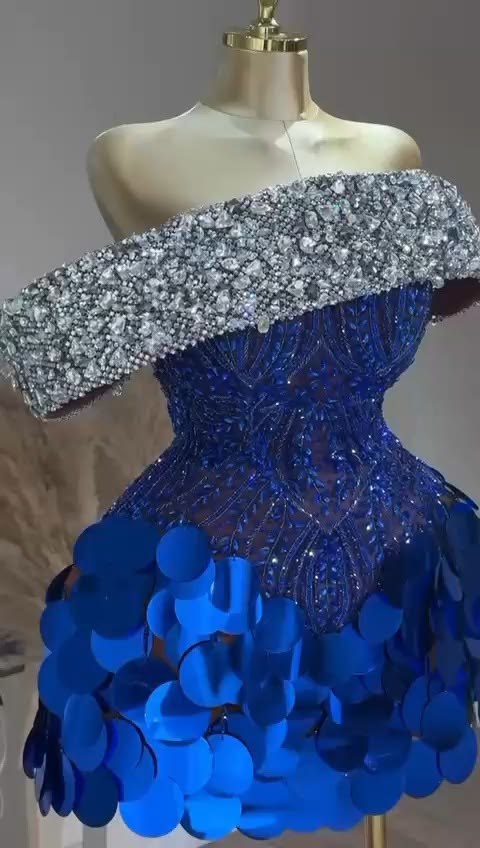 Luxe Royal Blue Off Shoulder Beaded Corset A Line Short Homecoming Dress With Large Circular Sequins AS2616