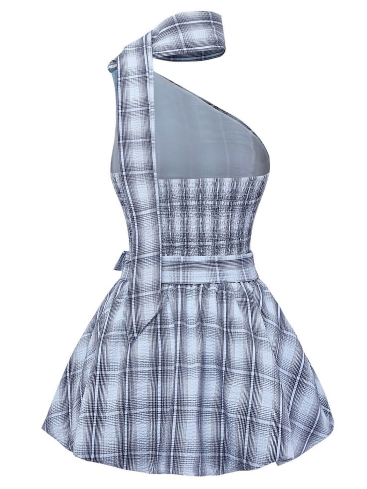 Chic Grey Plaid One Shoulder Halter Choker Waist Bow Tie A-line Short Homecoming Dress AS2623