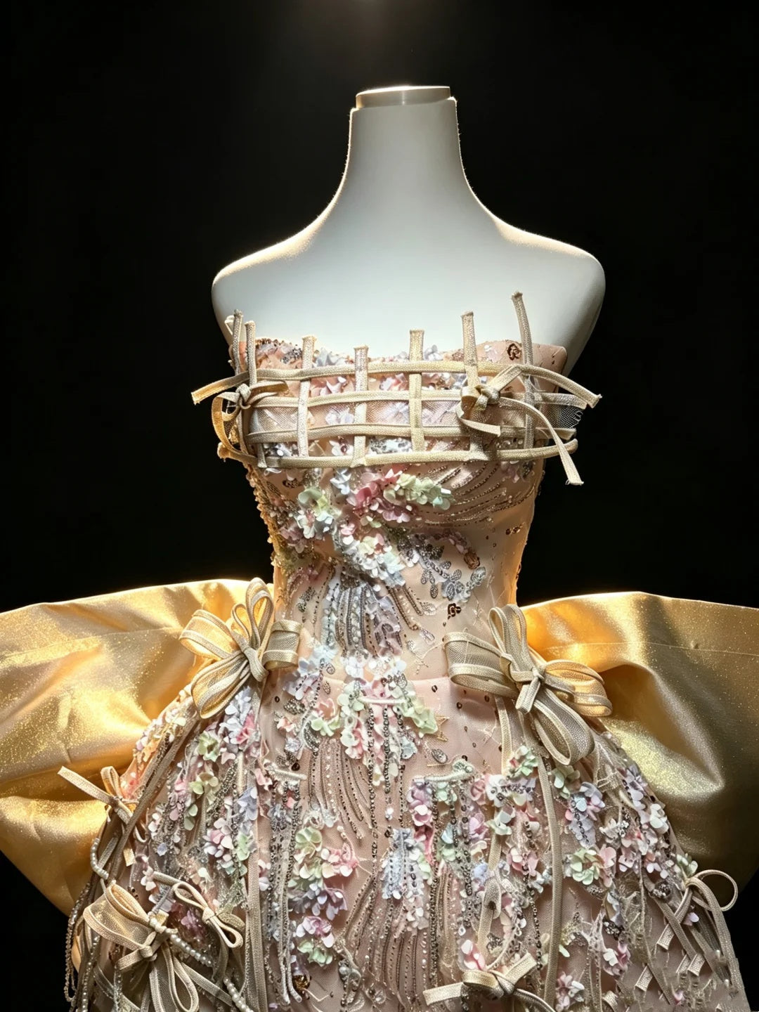 Luxe Champagne Strapless Grid Ribbon Bow Corset 3D Floral Sequin Beaded A Line Short Homecoming Dress With Detachable Giant Bow Train AS2655