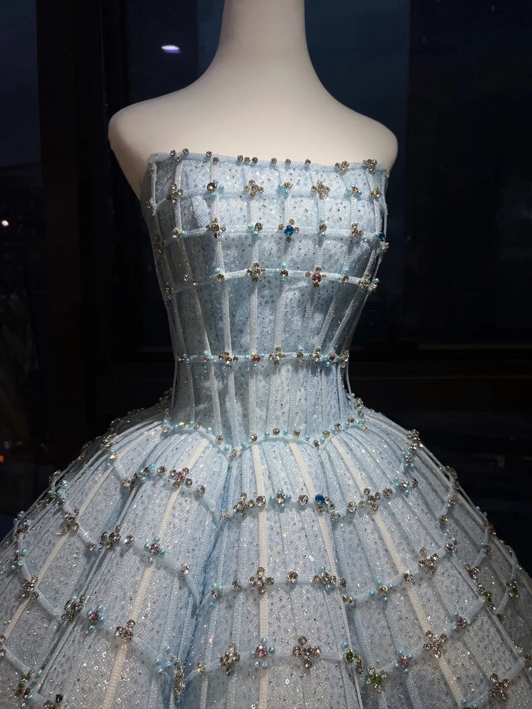 Dreamy Light Blue Strapless Corset Rhinestone Grid Sequin Puffy Tulle A Line Short Homecoming Dress AS2658