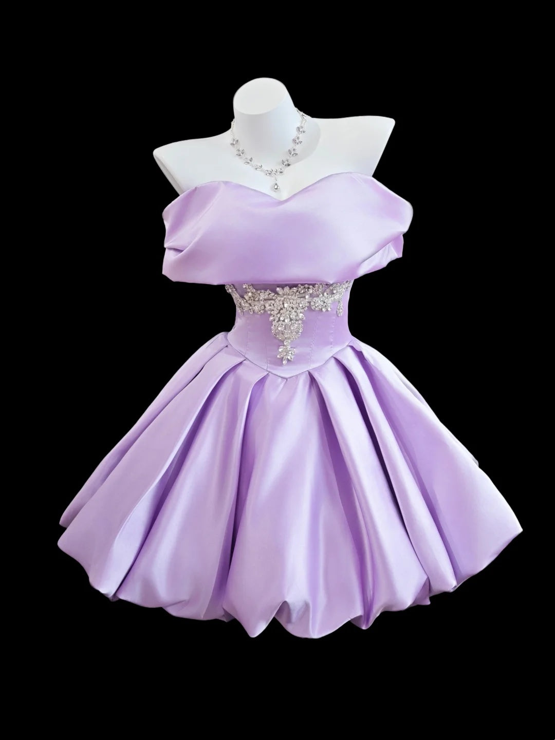 Glam Lavender Off Shoulder Satin Rhinestone Waist Corset Bubble A Line Short Homecoming Dress AS2664