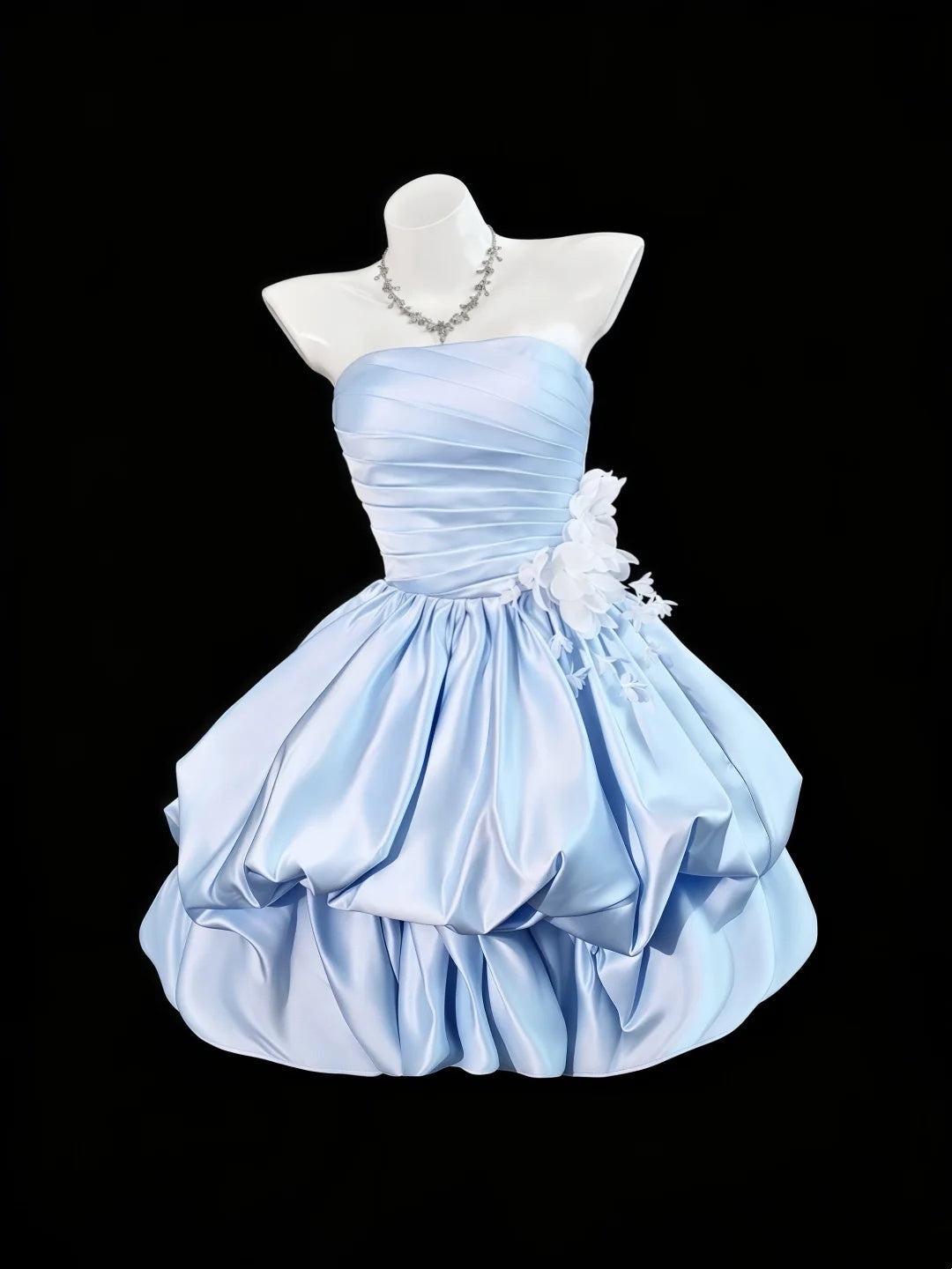 Chic Light Blue Strapless Ruched Satin 3D White Floral Appliques Bubble A Line Short Homecoming Dress AS2665