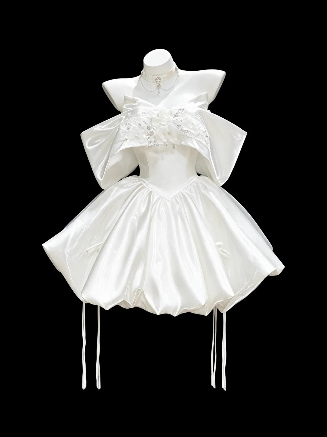 Luxe White Off Shoulder Satin 3D Floral Beaded Bubble A Line Short Homecoming Dress With Bows AS2666