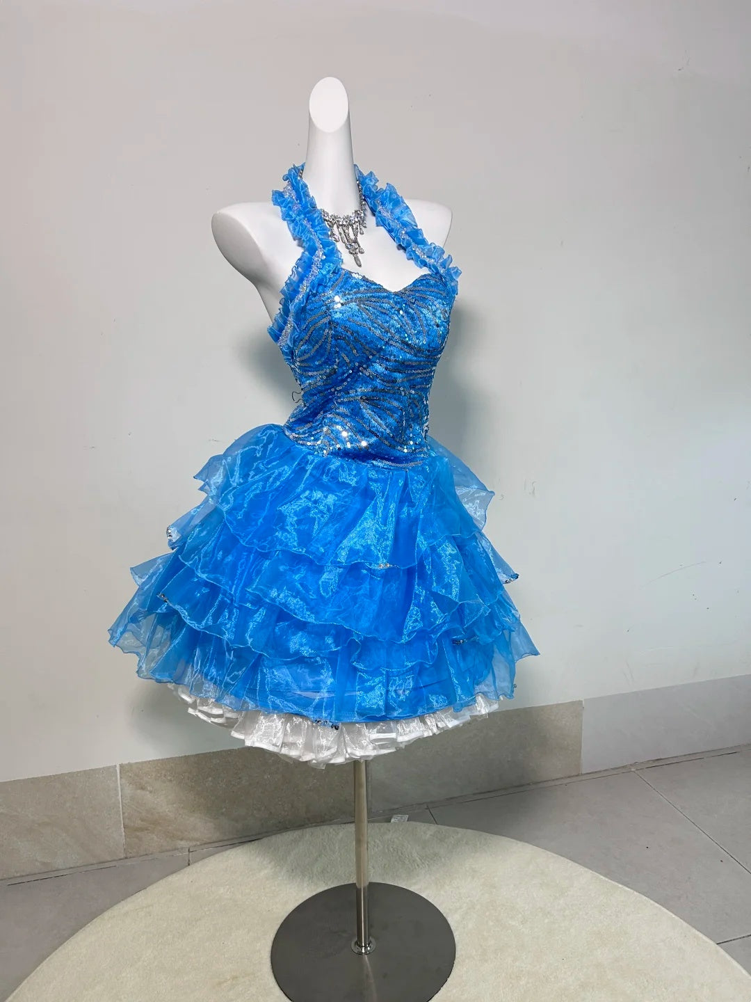 Chic Bright Blue Halter Ruffled Neck Sequin Tiered Organza A Line Short Homecoming Dress AS2693