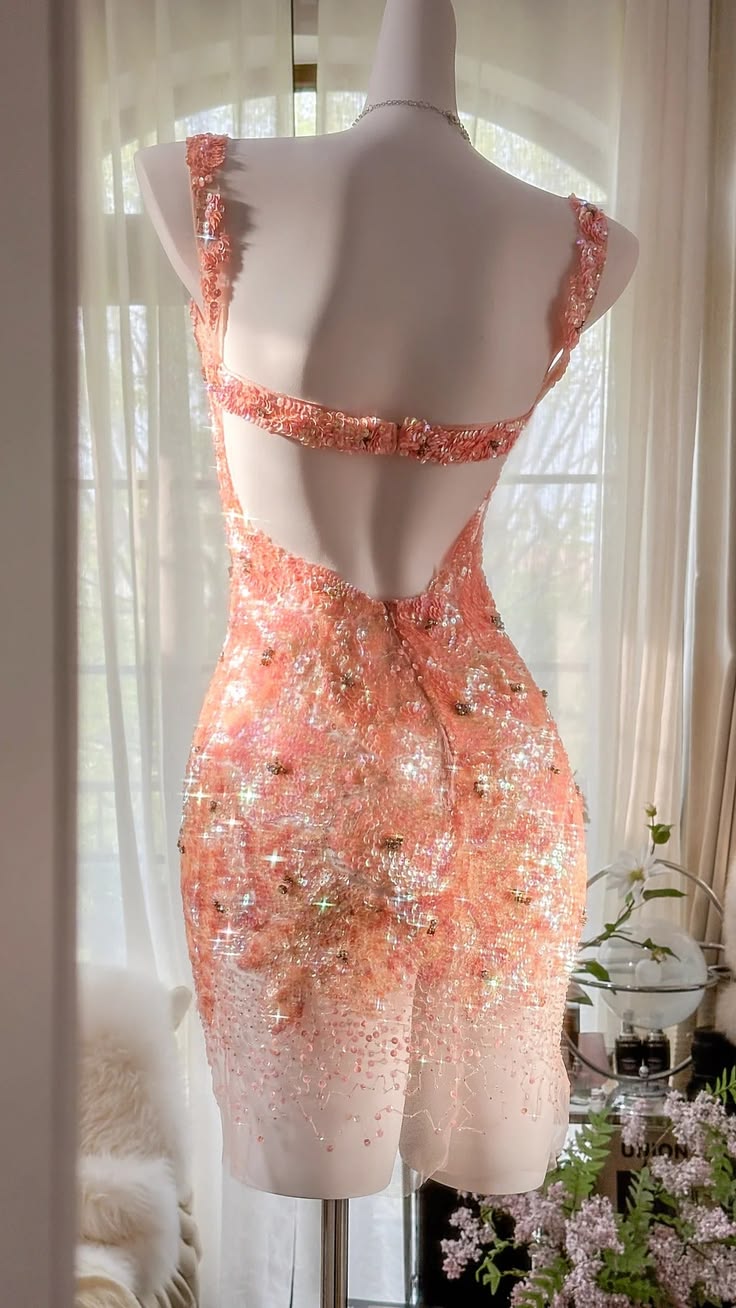Glamorous Peach Pink Straps Sweetheart Neck Beaded Bodycon Short Homecoming Dress AS2702