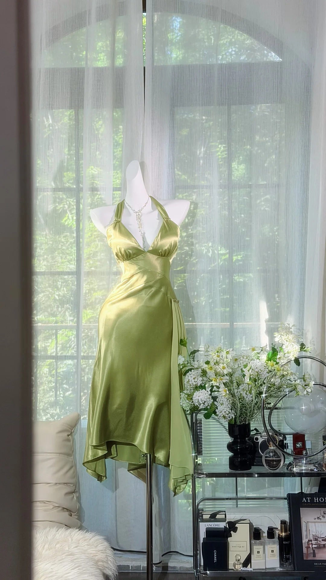 Elegant Sage Green Halter Deep V Neck Satin Midi Sheath Homecoming Dress AS2703