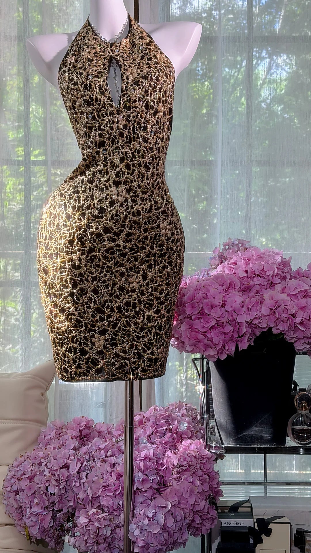 Glam Black Gold Halter Keyhole Neck Rhinestone Detail Bodycon Short Homecoming Dress AS2705