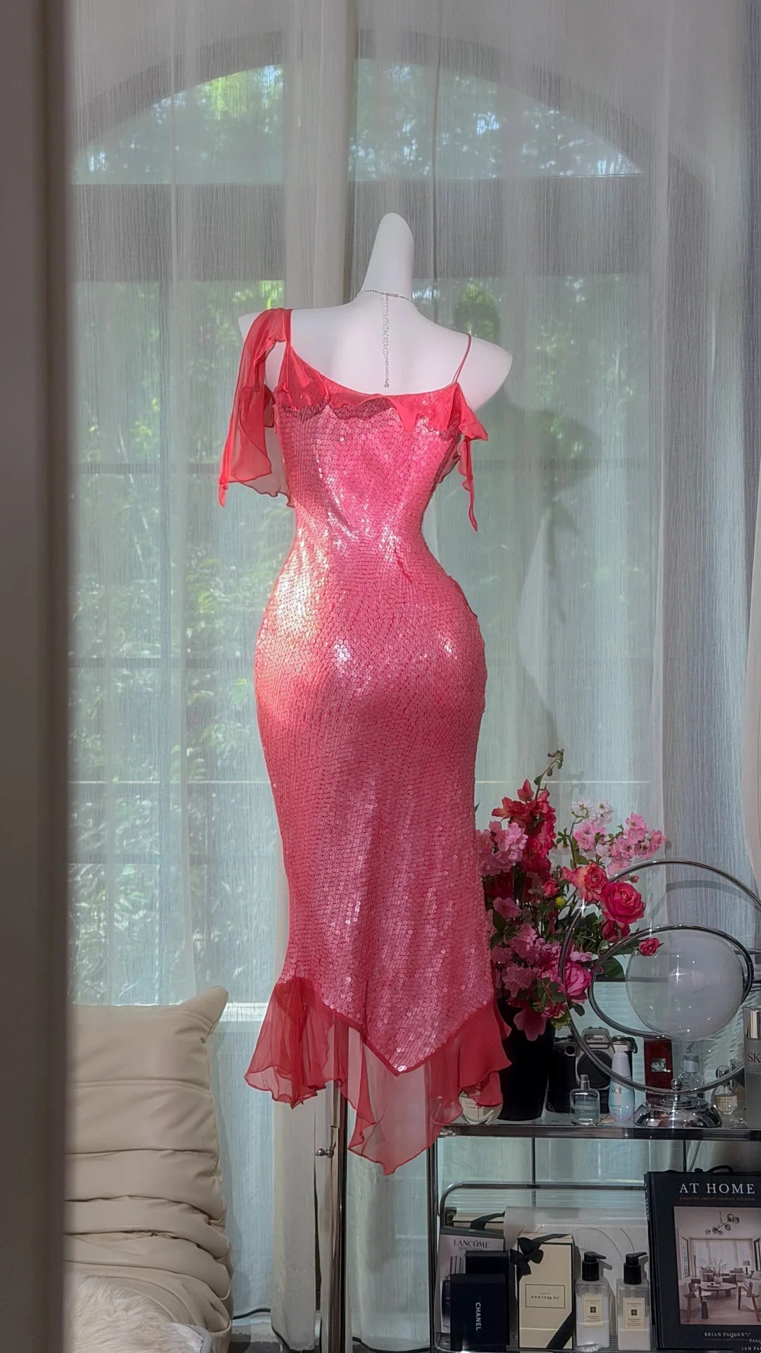 Stunning Coral Asymmetric Straps Chiffon Ruffle Sequin Slit Bodycon Midi Homecoming Dress AS2707