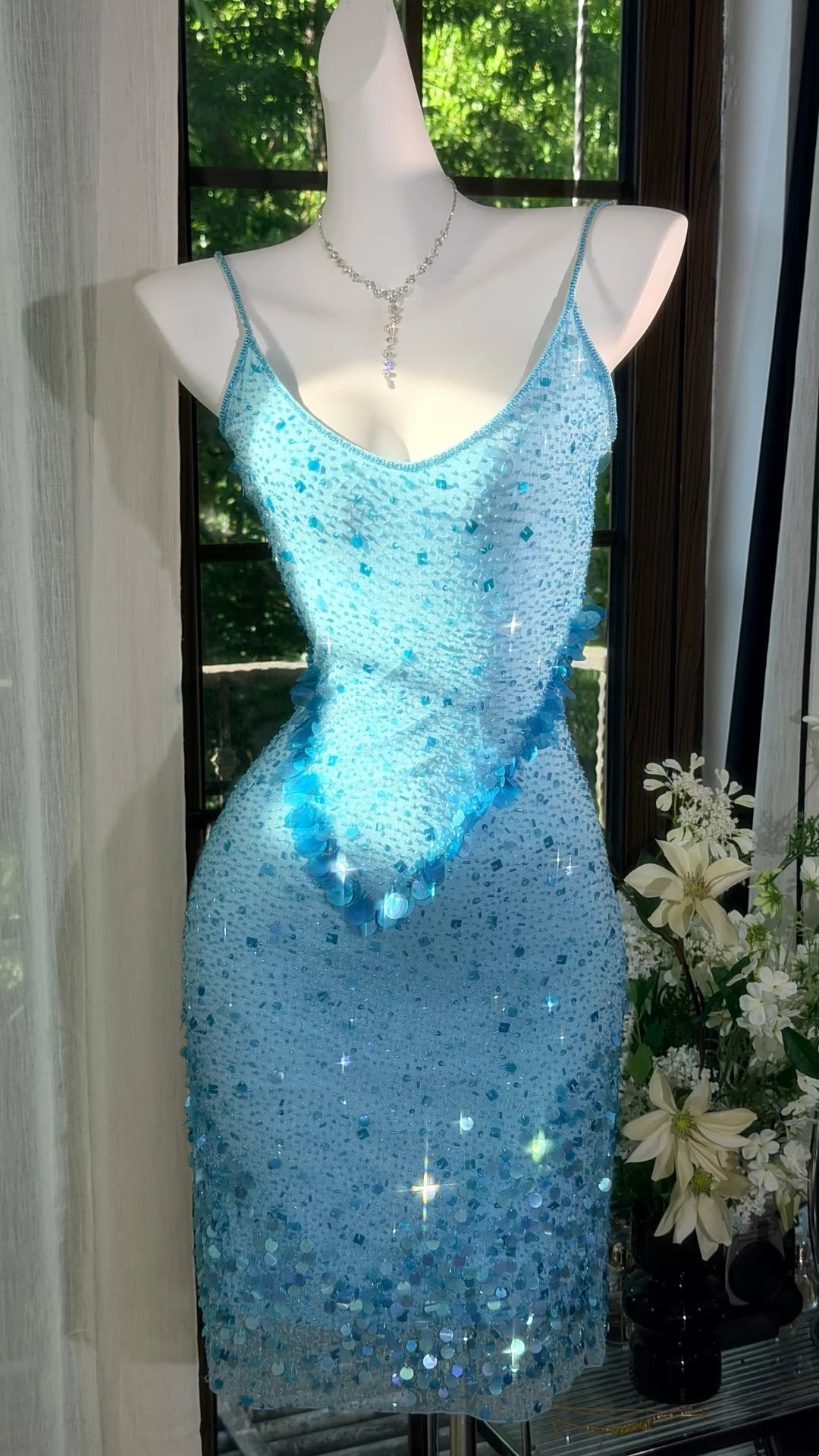 Stunning Sky Blue Spaghetti Straps Sequin Beaded Bodycon Short Homecoming Dress AS2710