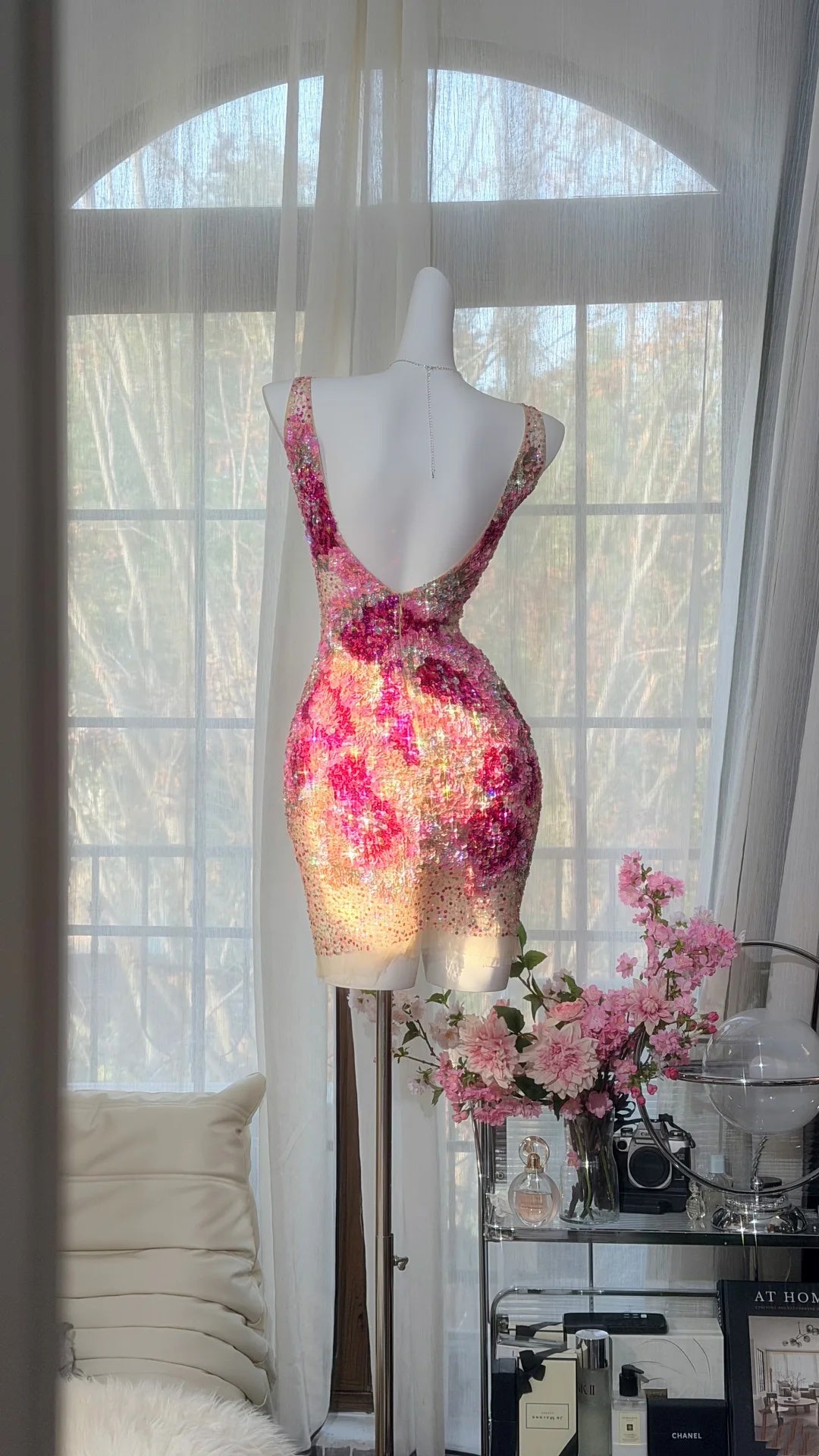 Radiant Pink Ombre V Neck Deep Back Sleeveless Sequin Rhinestone Bodycon Short Homecoming Dress AS2718