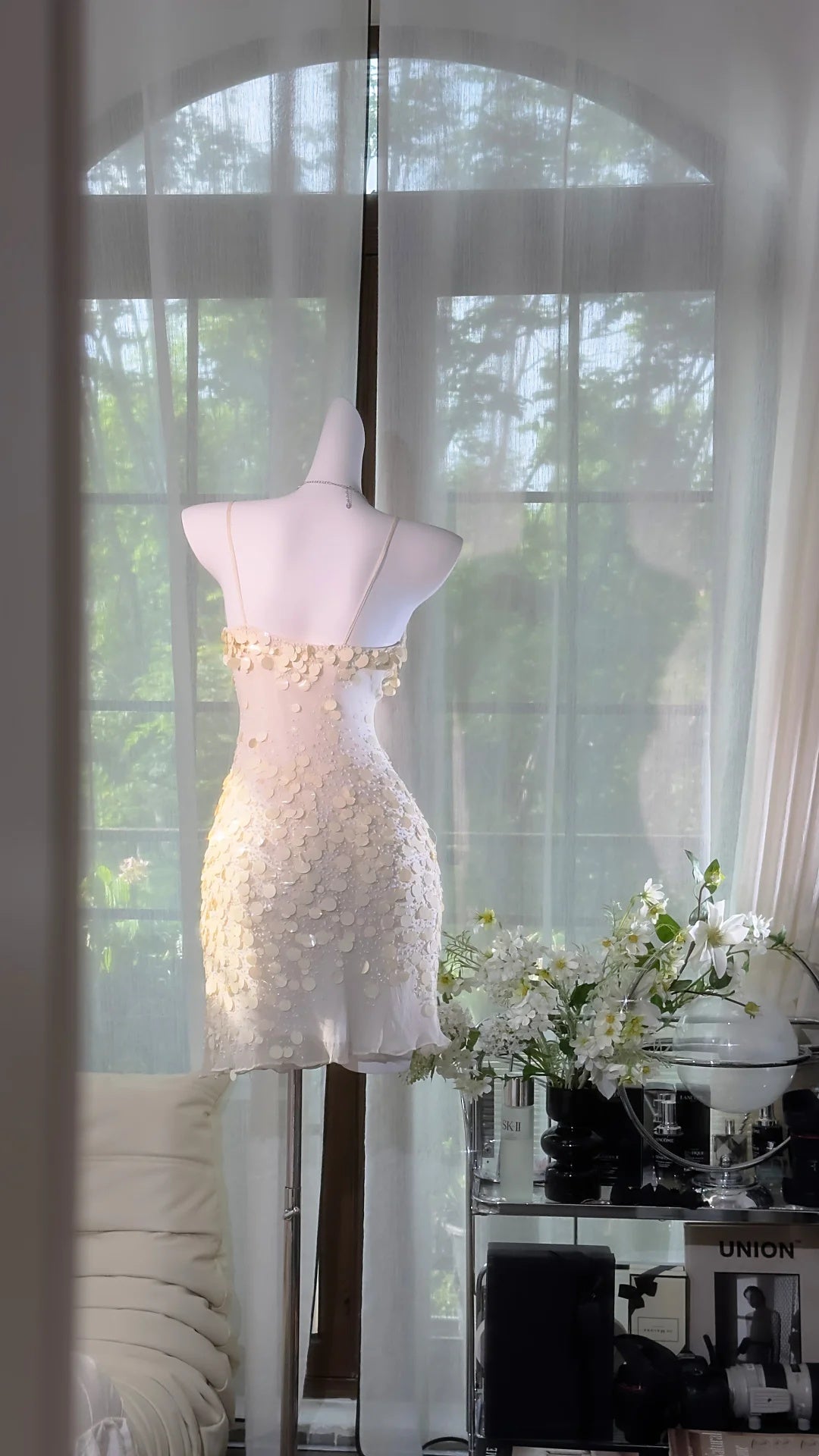Elegant Ivory Spaghetti Strap 3D Circular Sequin Bodycon Short Homecoming Dress AS2720