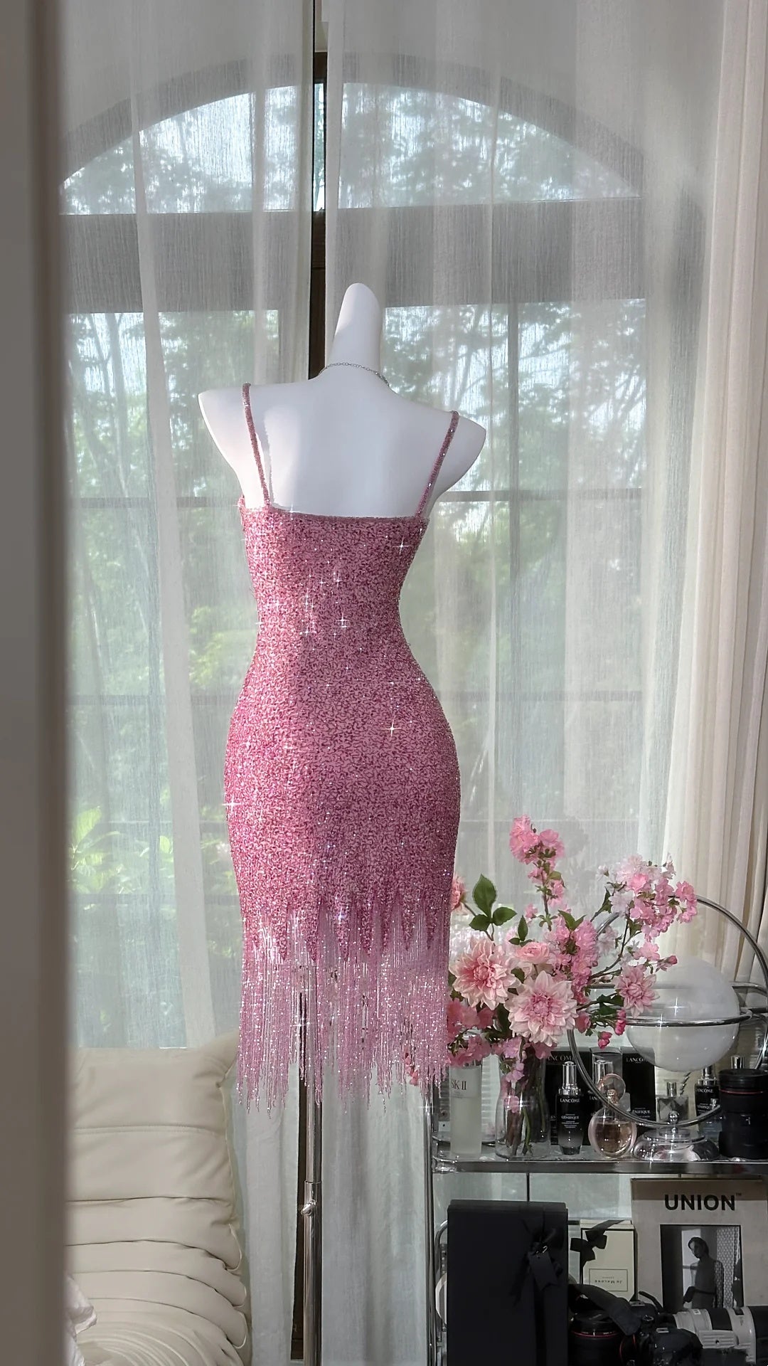 Glittery Pink Spaghetti Strap Sequin Bodycon Fringe Hem Short Homecoming Dress AS2729