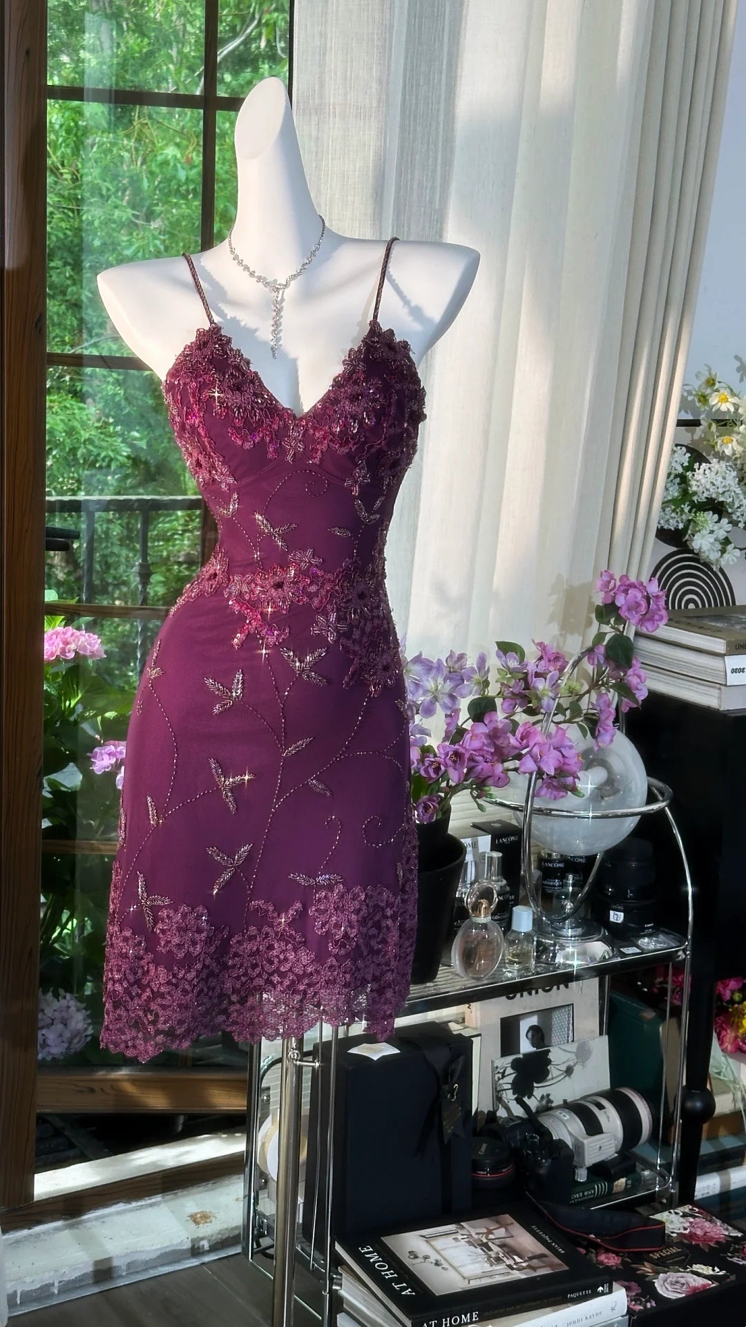Glamorous Plum Spaghetti Strap V Neck 3D Floral Lace Beaded Bodycon Short Homecoming Dress AS2731