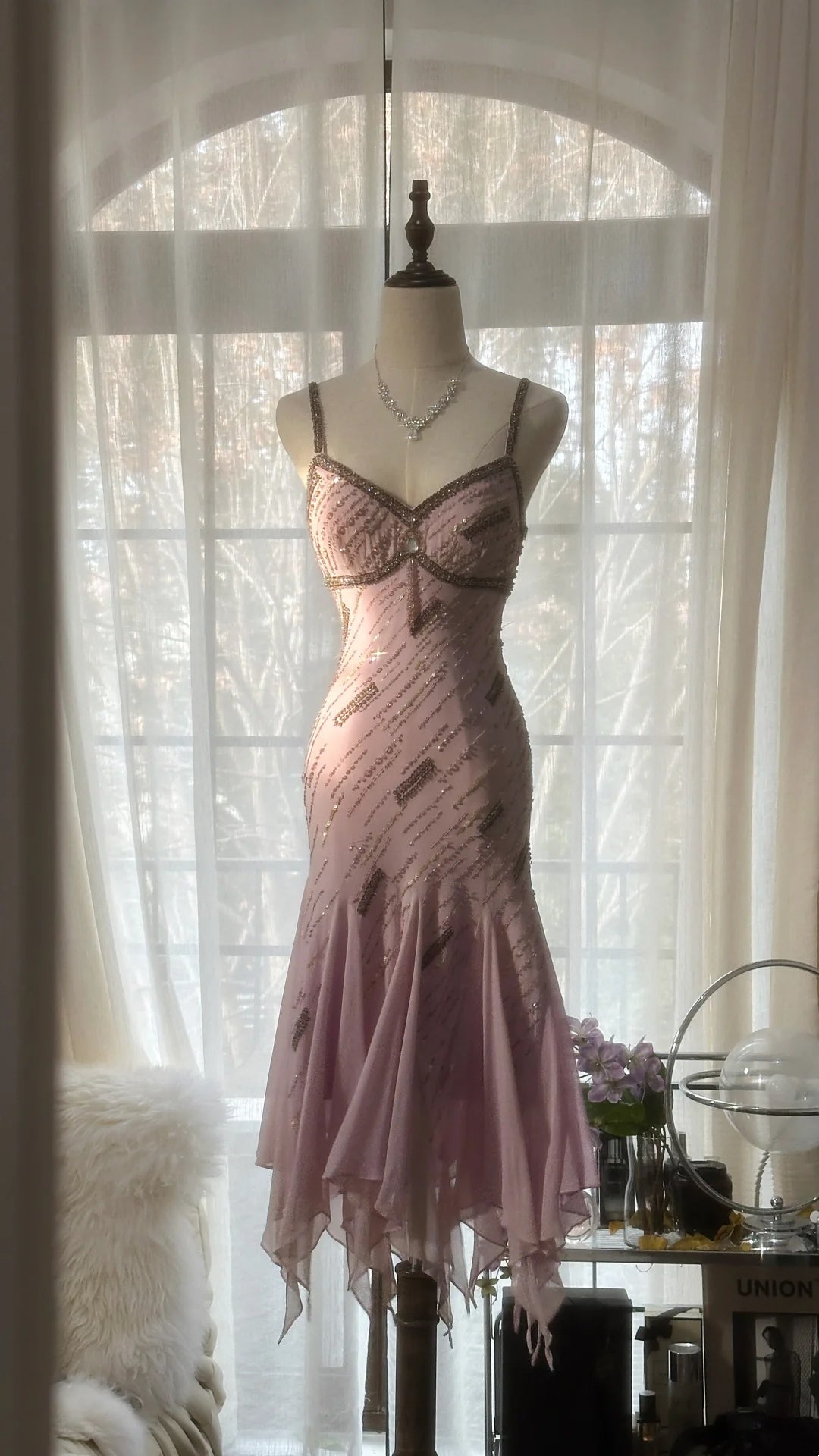 Stunning Dusty Pink Beaded Spaghetti Straps Midi Mermaid Homecoming Dress AS2743
