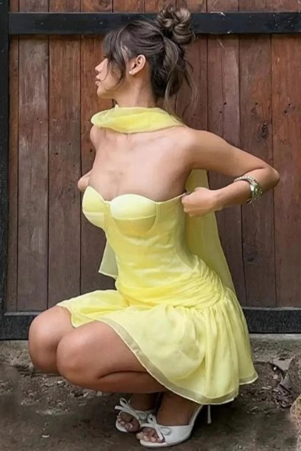 Butter Yellow Strapless Organza Homecoming Dress With Scarf Structured Cups AS276