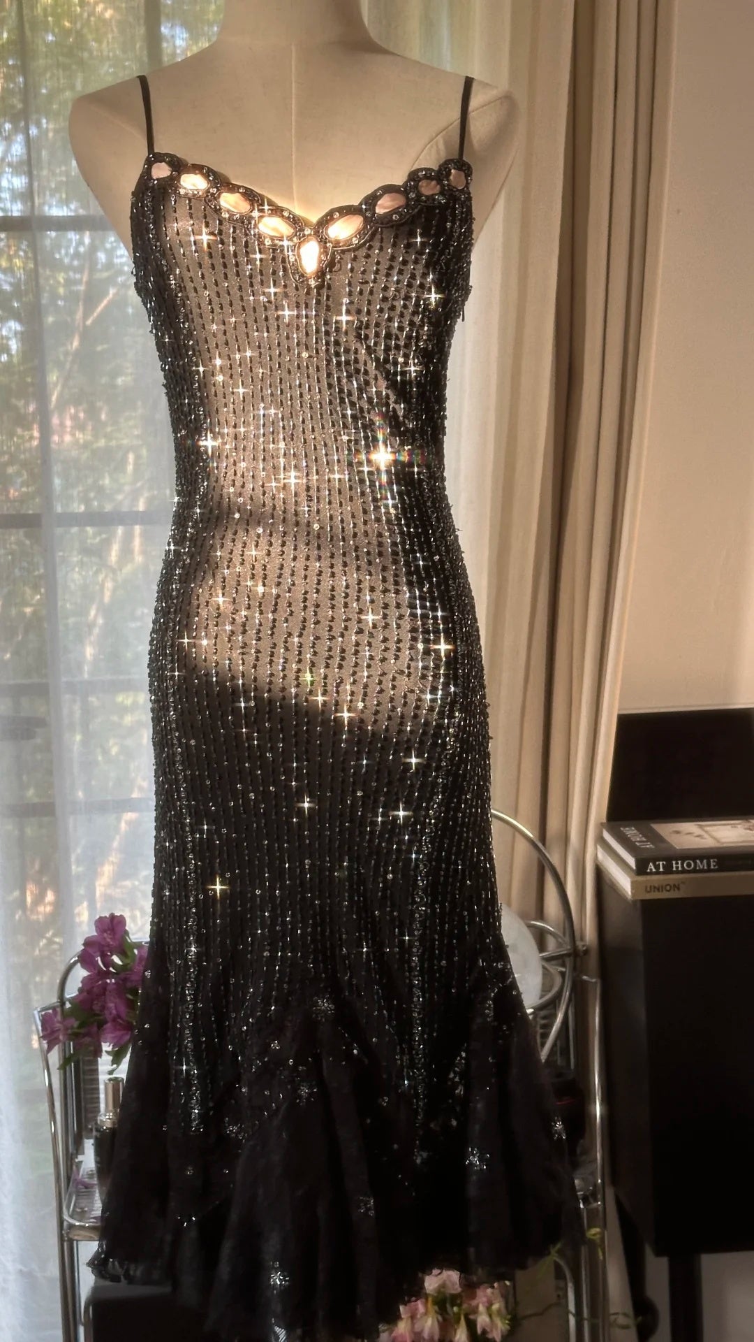Dazzling Black Beaded Party Dress Spaghetti Straps Midi Mermaid Homecoming Dress AS2760