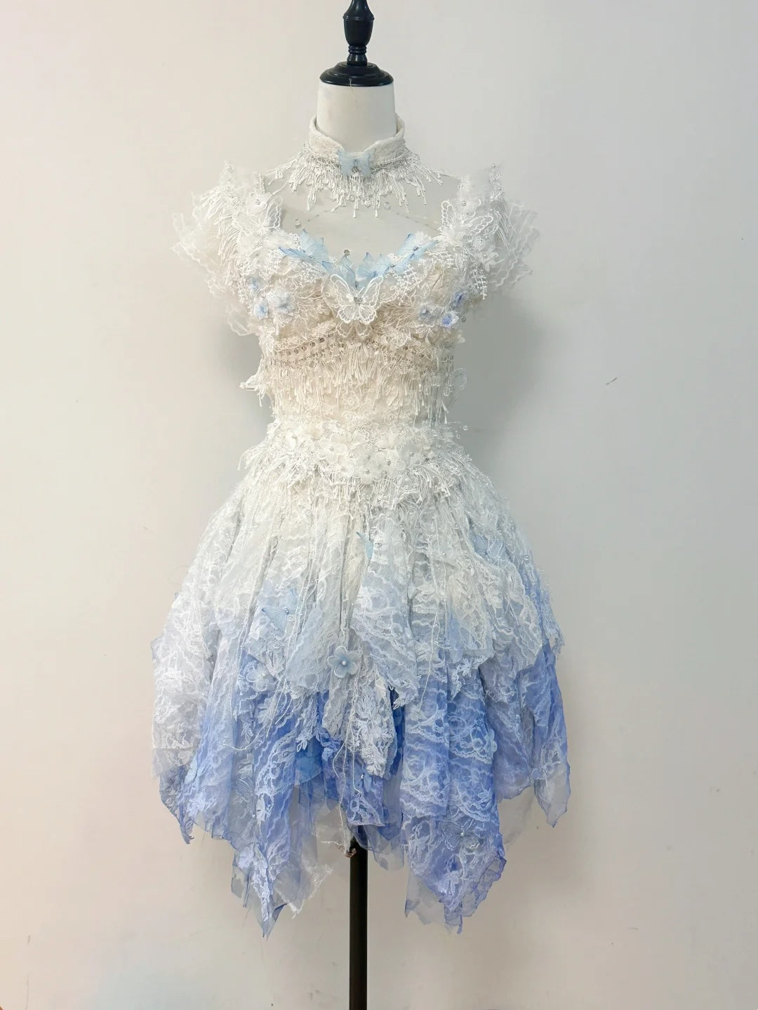 Ethereal White Blue Ombre Cap Sleeve Square Neck Lace Butterfly A Line Short Birthday Dress Homecoming Dress AS2791