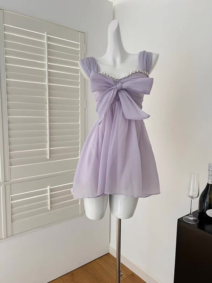 Gentle Pastel Lavender Chiffon Strap Sweetheart Rhinestone Trim Large Bow A-line Short Homecoming Dress Birthday Dress AS2793