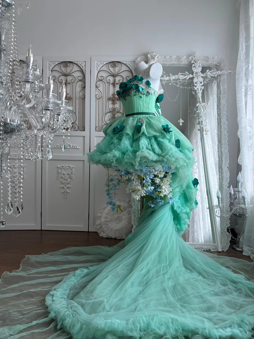 Vibrant Green Spaghetti Straps 3D Floral Tiered Ruffle Tulle A Line Short Homecoming Dress With Train Birthday Dress AS2811
