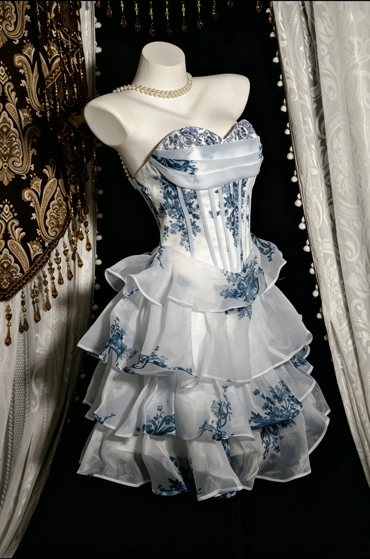 Elegant Blue Floral Strapless Sweetheart Corset Tiered Ruffle A Line Short Homecoming Dress AS2820
