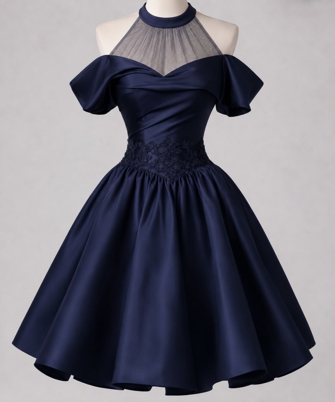 Elegant Navy Blue Halter Sparkle Sheer Neck Off-Shoulder Satin Lace A Line Short Homecoming Dress AS2859