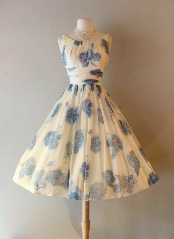 Vintage Cream Sleeveless Scoop Neck Blue Floral Print A Line Midi Homecoming Dress AS2864