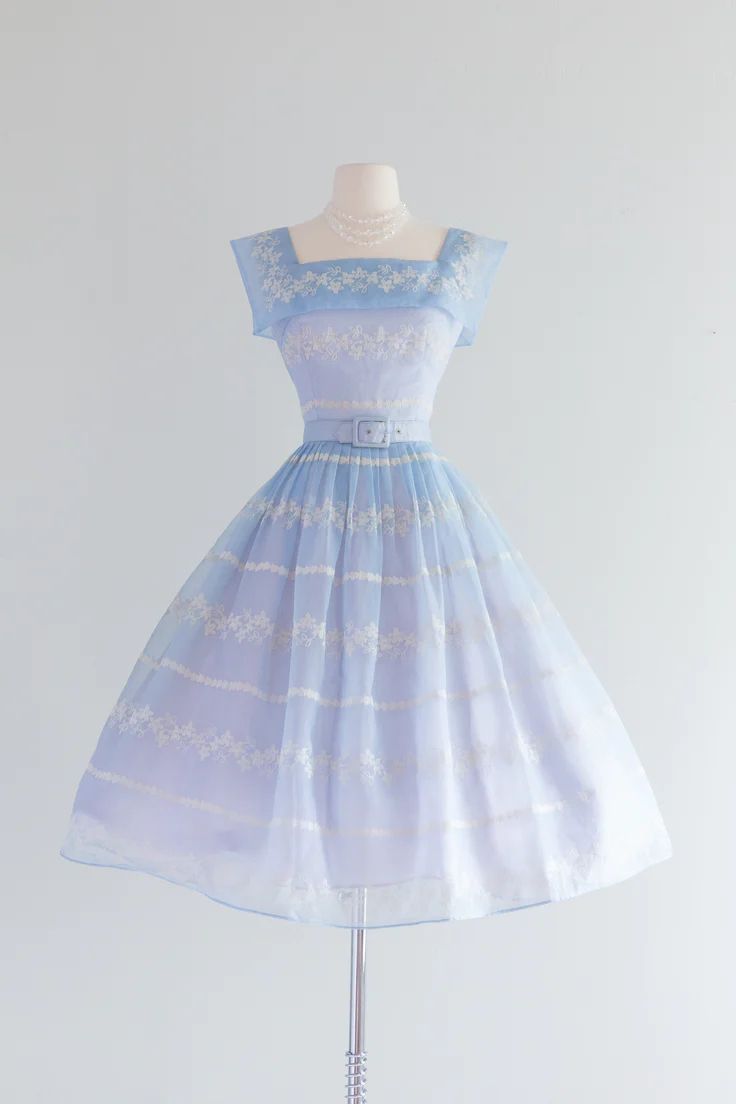 Delicate Pale Blue Square Neck White Floral Embroidery Belted A Line Midi Homecoming Dress AS2867
