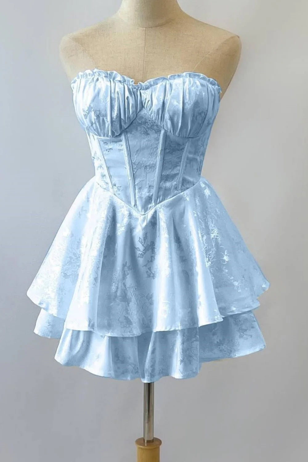 Romantic Strapless Ruffled Bust Jacquard Blue Homecoming Dress With Tiered Skirt AS288
