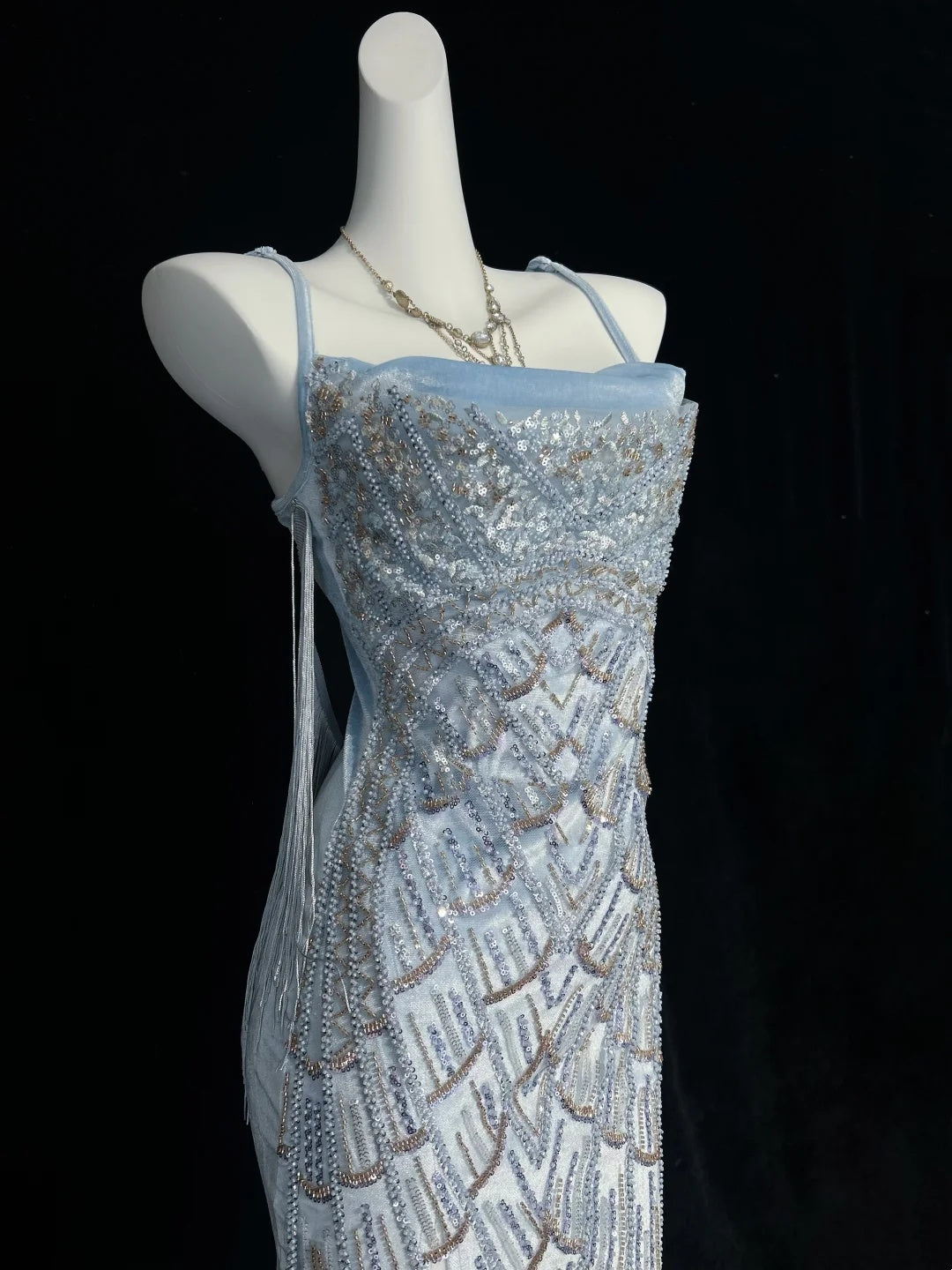 Sparkly Light Blue Spaghetti Strap Square Neck Beaded Midi Bodycon Homecoming Dress AS2885