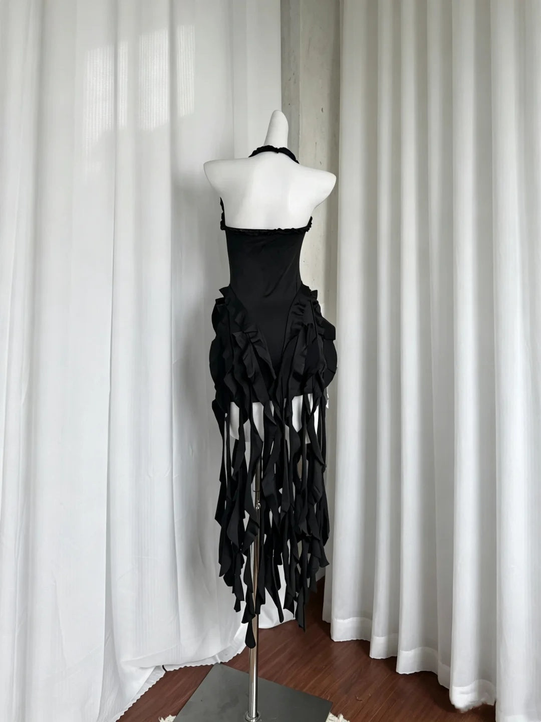 Edgy Black Halter Neck Irregular Fringe Tassel Bodycon Short Homecoming Dress AS2894