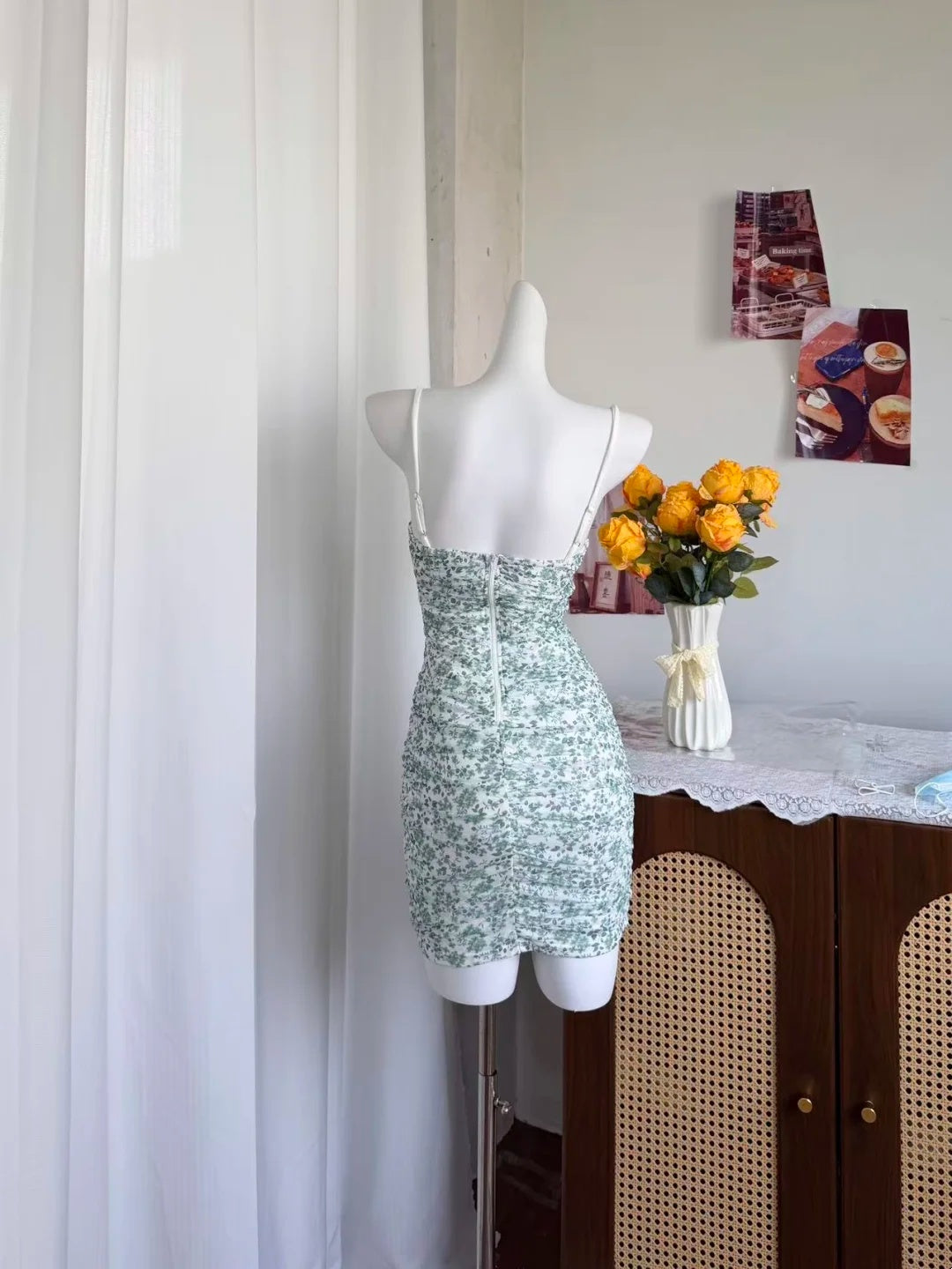 Fresh White Green Floral Spaghetti Strap Ruched Mesh Bodycon Short Homecoming Dress AS2895