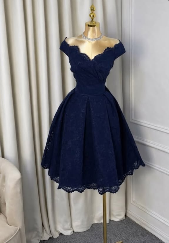 Elegant Navy Blue Off The Shoulder V Neck Lace A-line Midi Homecoming Dress AS2898