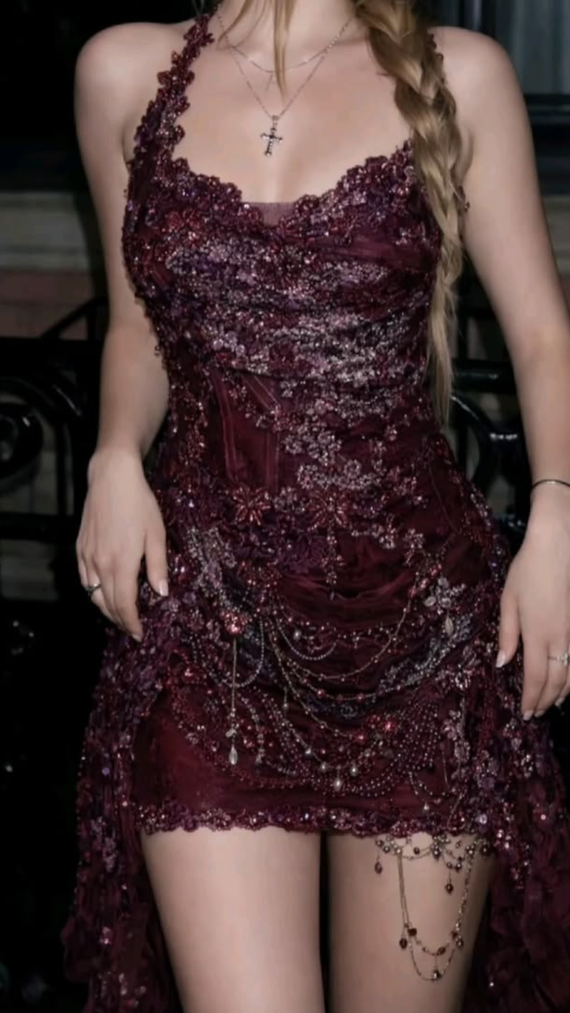 Luxurious Burgundy Halter 3D Floral Beaded Chain Detail Bodycon Short Homecoming Dress AS2912