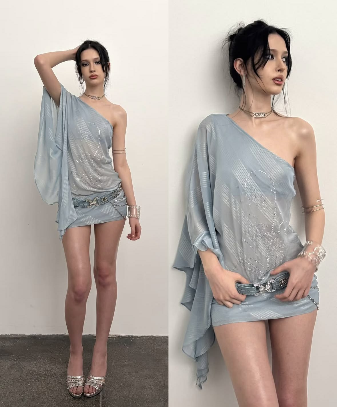 Airy Light Blue One Shoulder Sheer Chiffon Loose Sleeve Sheath Short Homecoming Dress AS2915