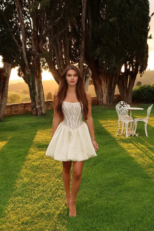 Elegant Strapless Corset Satin Short A-Line Ivory Homecoming Dress AS292