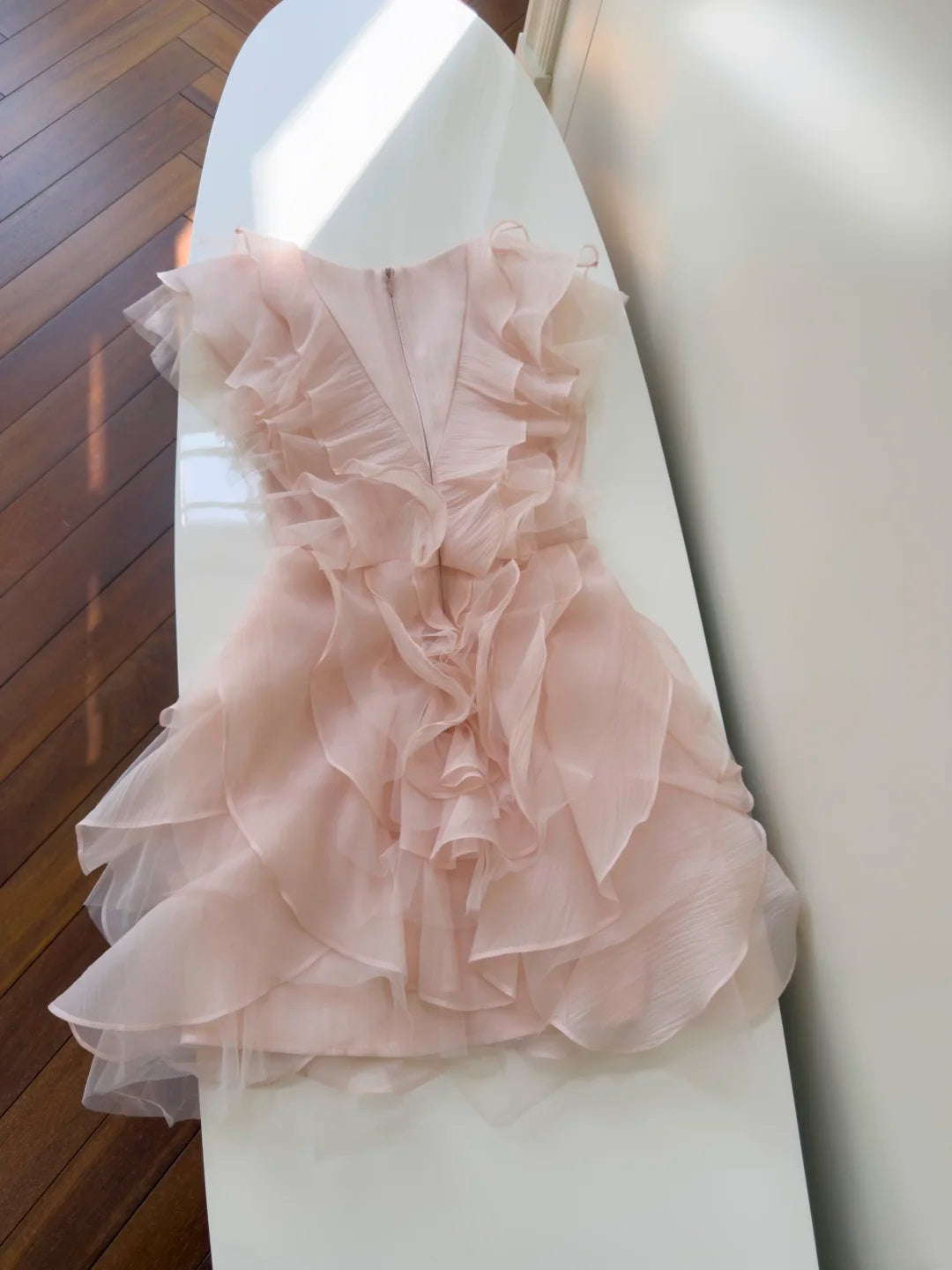 Dreamy Blush Pink V-Neck Sleeveless A Line Short Homecoming Dress With Cascading Ruffled Chiffon Layers AS2936