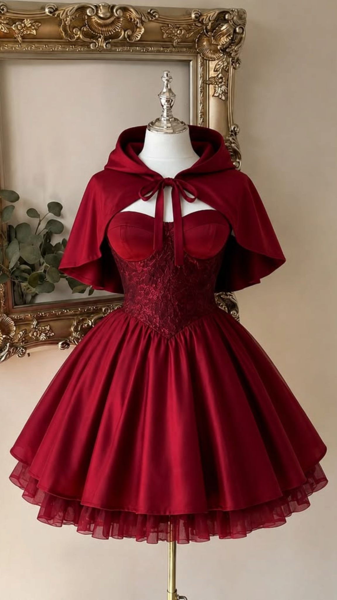 Chic Burgundy Sweetheart Lace Corset A Line Short Homecoming Dress With Matching Hooded Cape AS2942