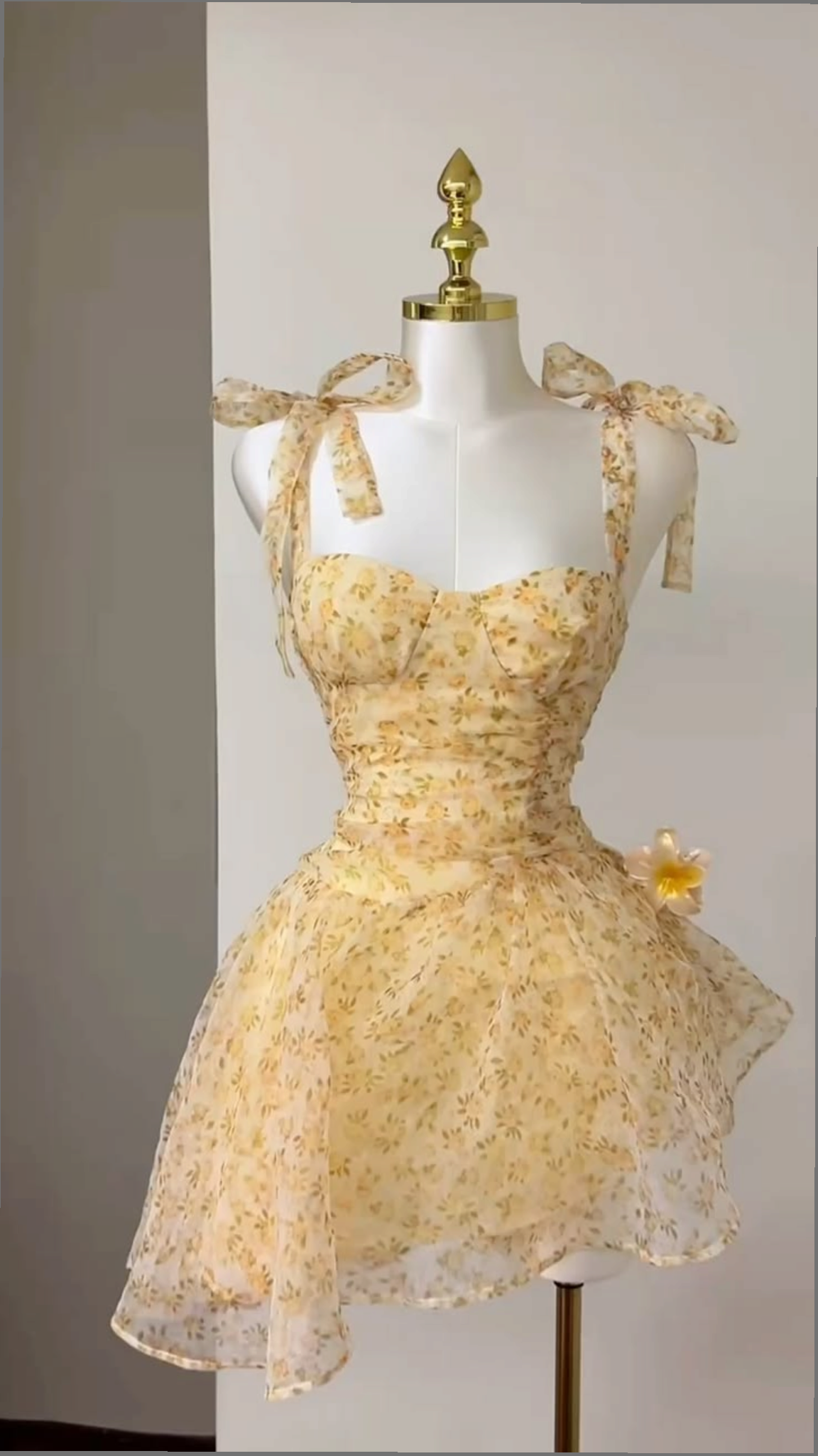 Sunny Yellow Floral Sweetheart Tie Strap A Line Short Homecoming Dress AS2943
