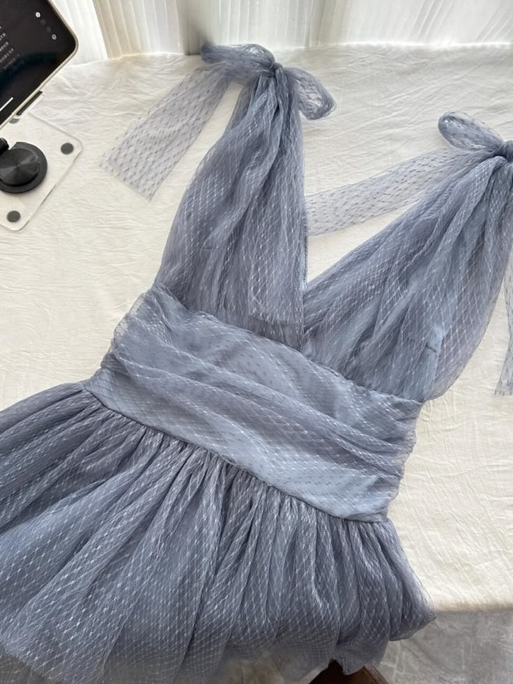 Dreamy Dusty Blue V Neck Tie Strap A Line Short Homecoming Dress AS2946